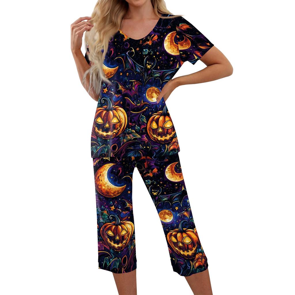 Women's Two Piece Halloween Print Lounge Set Short Sleeve Top with V Neck and Capri Pants Casual Sleepwear Pajama Set for Relaxed Fit