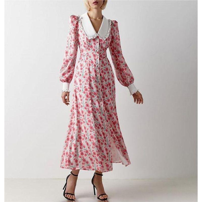 

Deep-V Printed Fashion Retro Puff Sleeve Dress Pink L