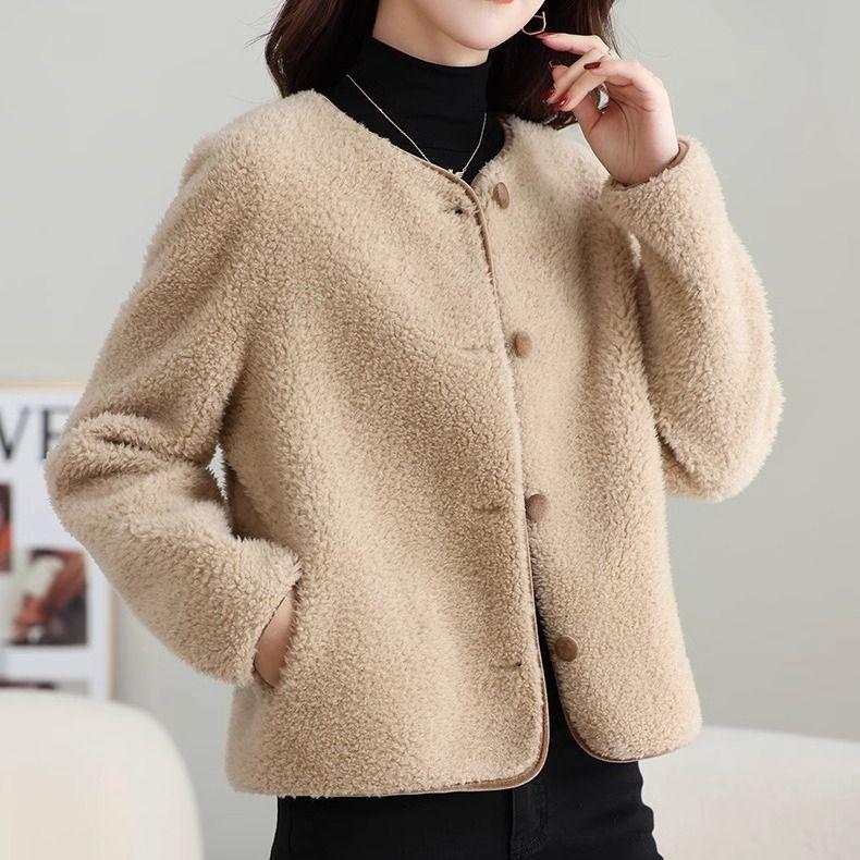 Faux Lamb Fur Coat Autumn Winter Fur And Leather One-Piece Overcoat Women's Short Style
