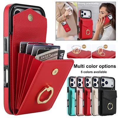 Ring Lanyard Leather Multi Card Wallet Phone Case for iPhone 17 Air 16E 16 Pro Max 15 Plus 14 13 12 11 X XS XR Flip Stand Cover