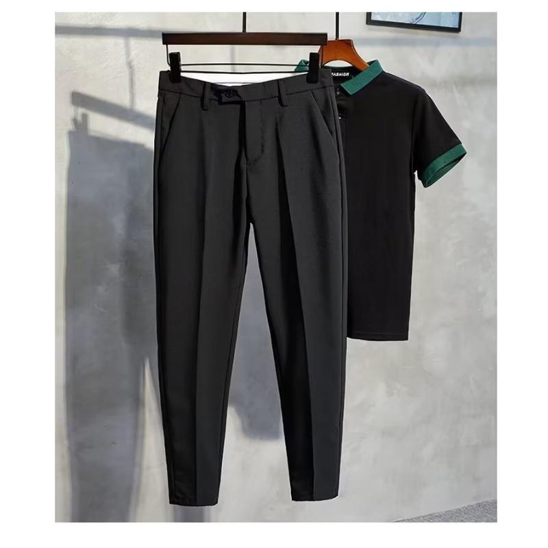 Casual Pants Men's Spring and Autumn Men's Summer Thin Elastic Boys' Pants Nine-point Trousers Men Solid Color Straight Suit Pants Slim Fit Business