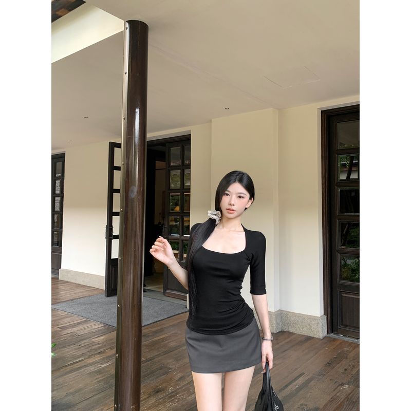 Kumikumi Pure Desire Style Suit Black Sexy Half Sleeve T-shirt Female Autumn High Waist Slimming Skirt Two-piece Set