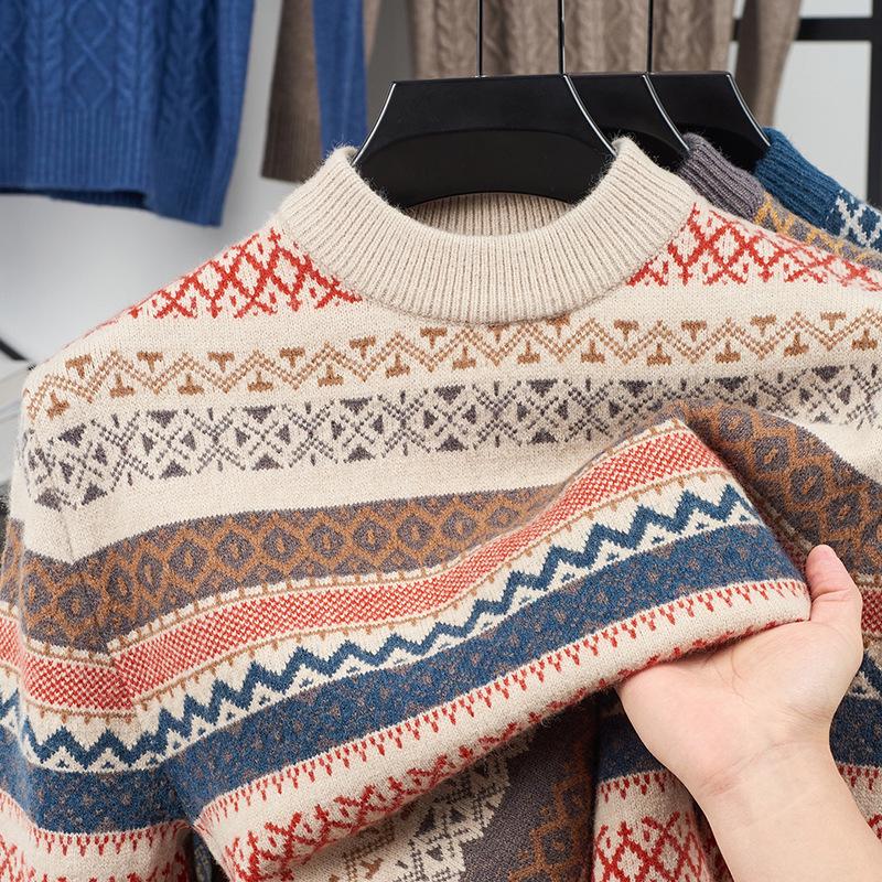 Cross2025 Men s Winter High Neck Color Block Knit Sweater 4XL