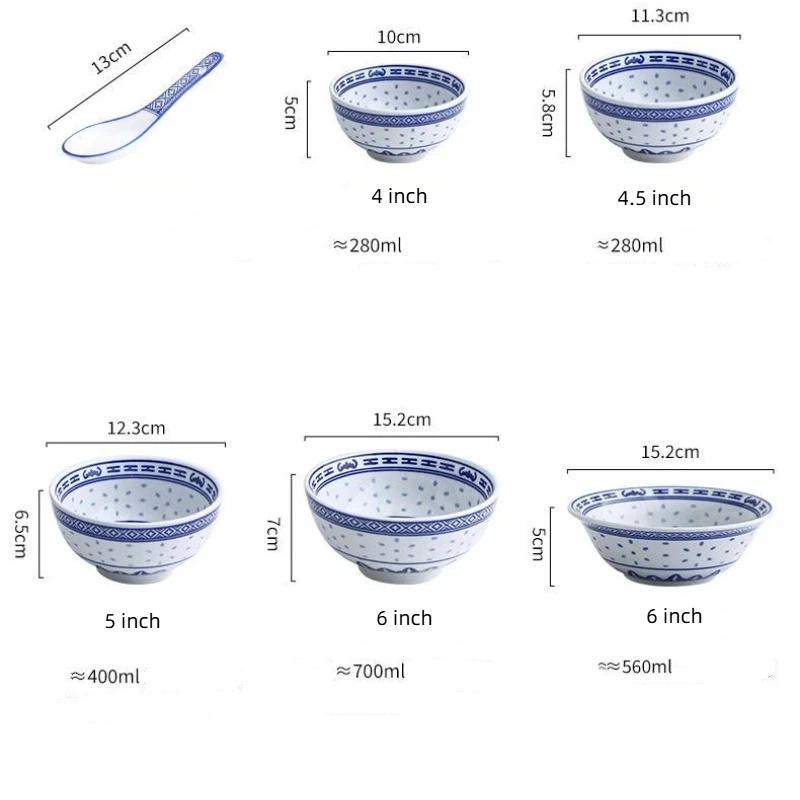 Conjunto Tigela Dragão Porcelana Azul e Branca – Tigelas Cerâmicas para Sopa de Arroz e Macarrão Prato Sob Esmalte