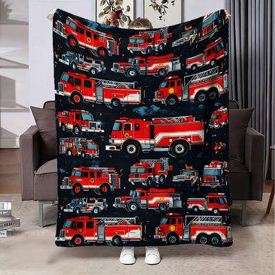 Cute Cartoon Fire Truck Print Throw Blanket, Soft Warm Cozy Blankets for Bed Sofa Office Travel Camping, All Season Gift, 1PC