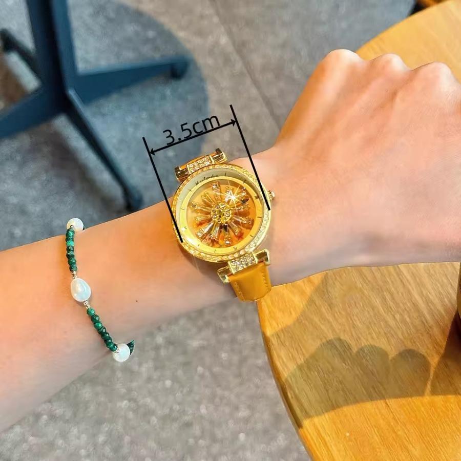 Fashionable Women's Watch With Transparent Back, Diamond Inlaid, Rotating Galaxy Dial, Sunflower Design Waterproof Quartz Watch