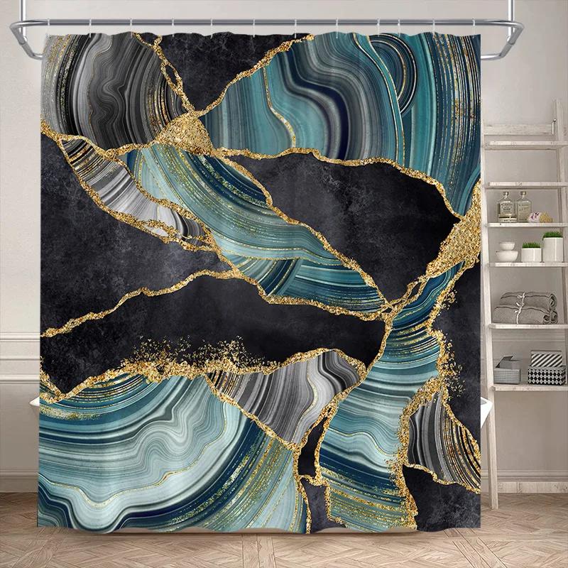 Abstract Marble Shower Curtains Black Green Textured Gold Crackle Modern Geometric Pattern Bathroom Curtain Decor Set with Hooks