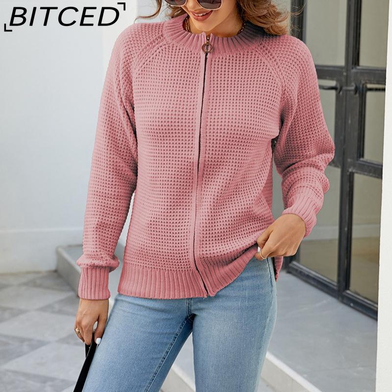 BITCED Autumn/Winter Women's Solid Colour Zip-Up O-Neck Knitted Cardigan