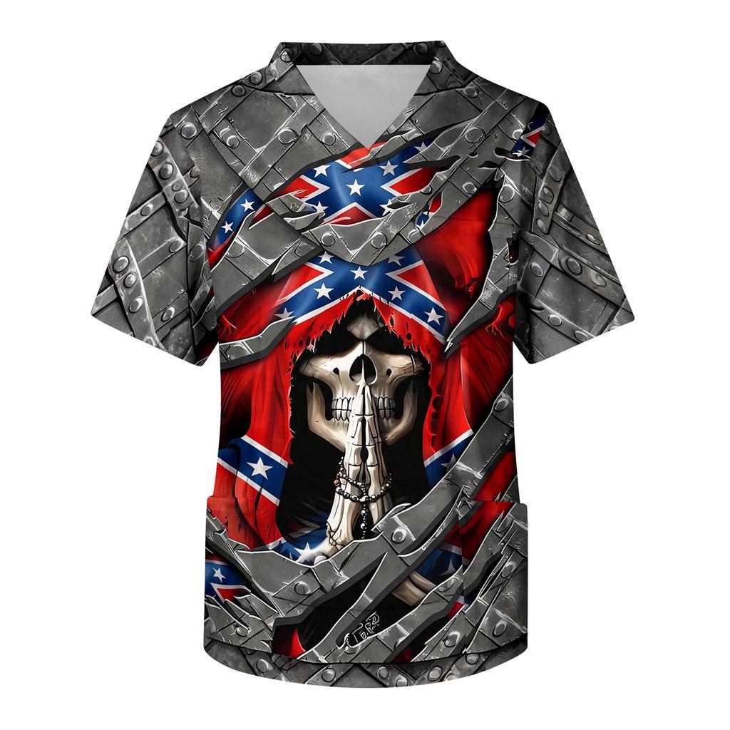 Men's V-Neck Short Sleeve Scrub Top with Print and Chest Pocket for Halloween