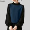ZANZEA Women Casual Round Neck Long Sleeve Splice Tee Shirts