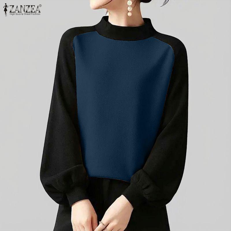 ZANZEA Women Casual Round Neck Long Sleeve Splice Tee Shirts