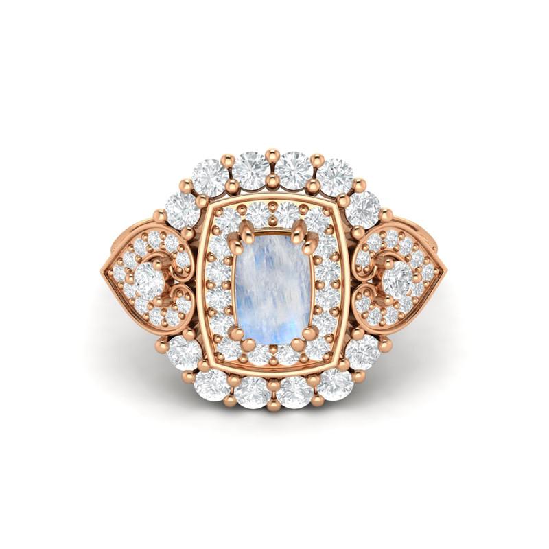 6X4MM Cushion Moonstone Gemstone 925 Sterling Silver Rose Plated Solitaire Halo Women Engagement Ring