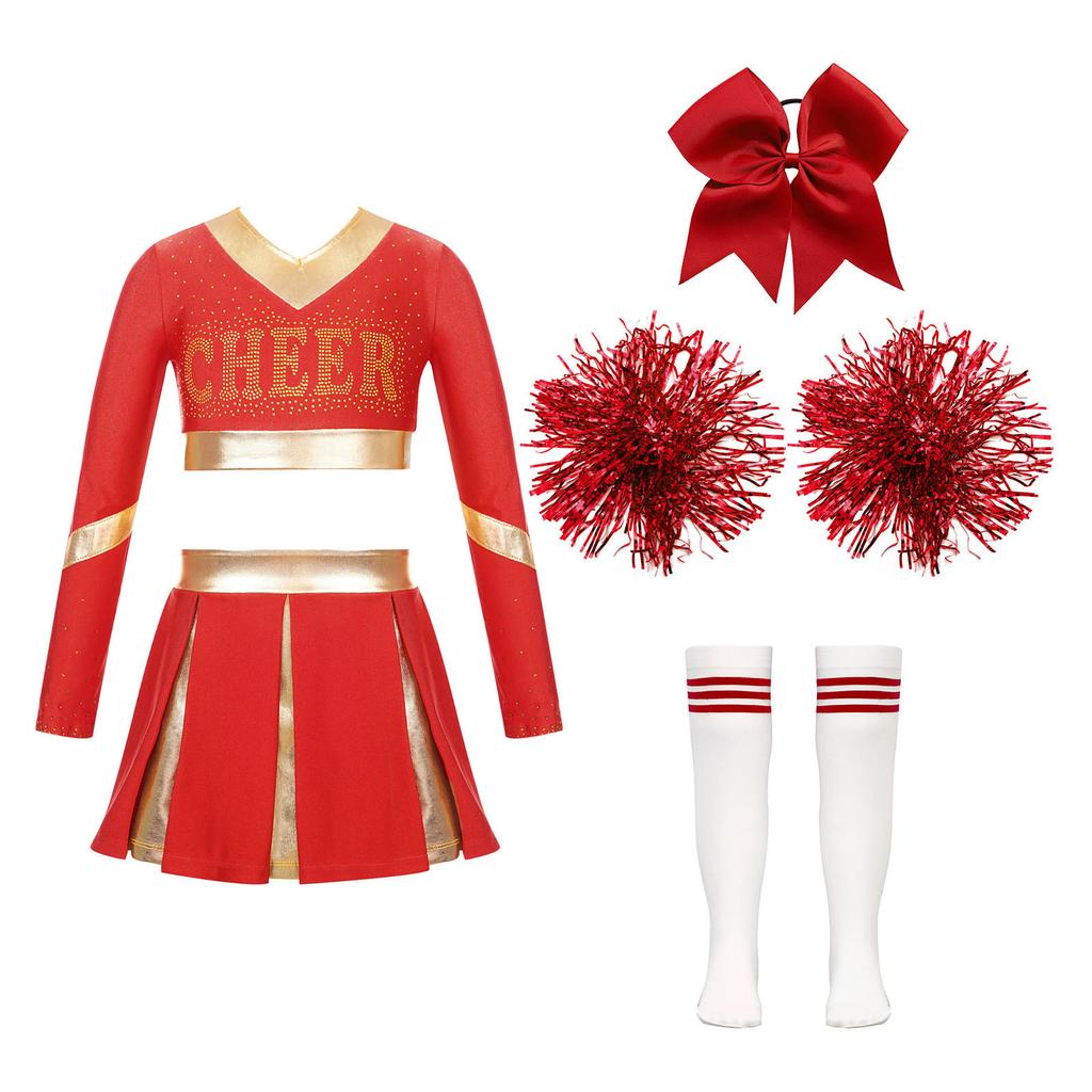 Cheerleading-Wettkampf-Set für Mädchen, langärmelig, bauchfreies Top, Faltenrock, Schleife, Stirnband, Kniestrümpfe, Pompom-Zubehör
