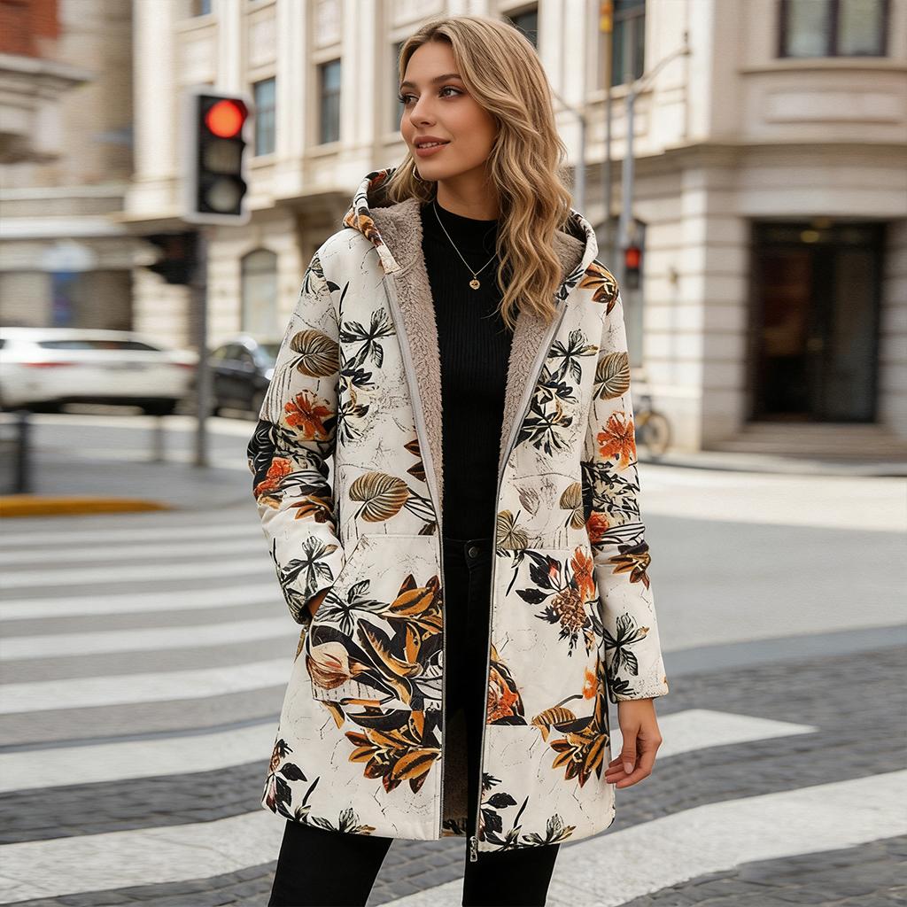 Drukowane duże rozmiary casualowe Vintage Płaszcze Bluza na zamek Długi rękaw Manteaux Dames Casualowe Damskie Ciepła Kieszeń Kwiatowa Kurtka Polarowa