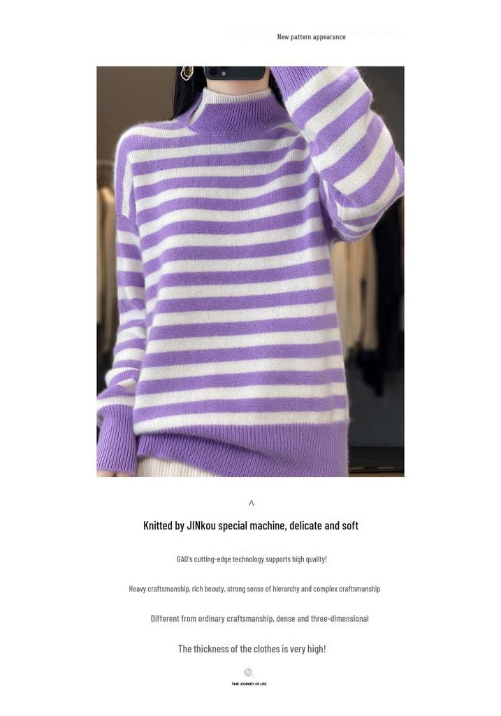 Korean Style Women's Striped Color-Block High Neck Knit Pullover Sweater