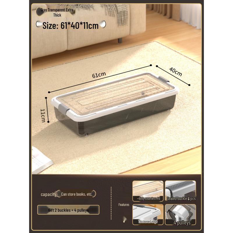 Large Capacity Transparent Under-Bed Storage Box with Wheels