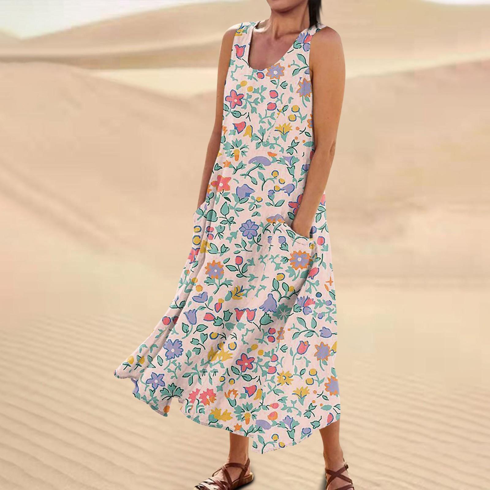 

Женское повседневное удобное хлопковое карманное платье без рукавов с цветочным принтом XXL