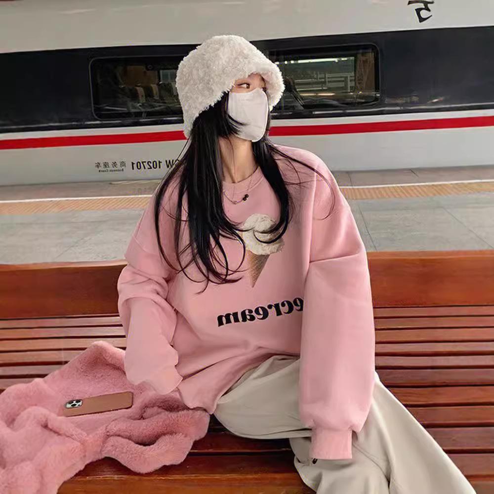 American oversize hoodless sweater women's design sense ice cream printing versatile foreign style long-sleeved