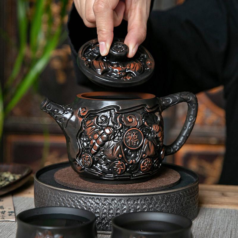 Purple Pottery Vintage Handmad Teapot Ceramic Carve Kung Fu Teapot Single Teapot Pu'er Tea Making Tea Sets Chinese Tea Pot