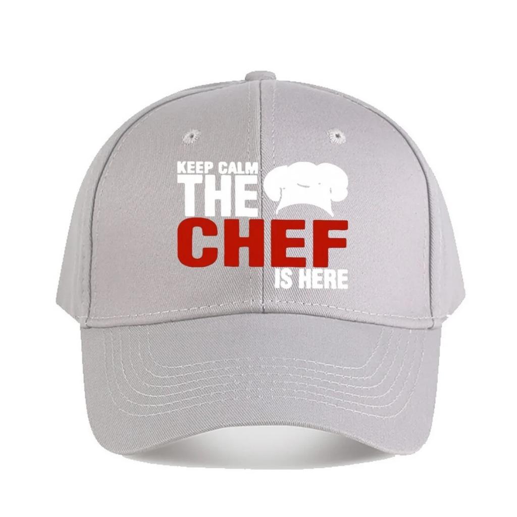 Keep Calm The Chef Is Here Funny Baseball Cap Adjustable Snapback Hat for Unisex Women Navy Blue with White Text