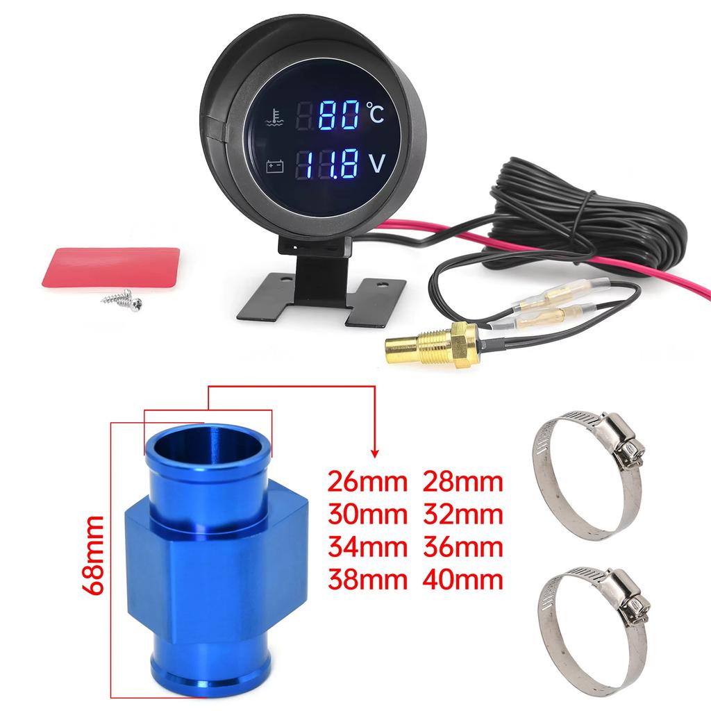 2 In 1 LED Digital Round Water Temp Gauge Voltmeter with 10mm 1/8NPT Sensor Water Tee Adapter for 12V 24V Car Truck Motorcycle