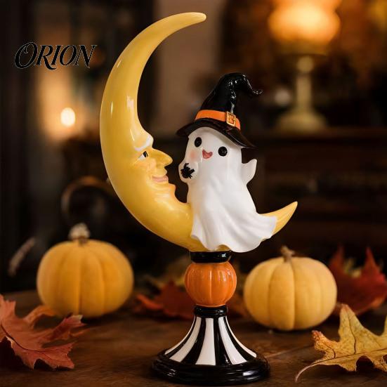 Festive Holiday Tabletop Pieces Halloween Ghost And Moon Resin Ornaments, Cute Spooky Figurine, Seasonal Room Decor Items Statue with Pumpkin Elements