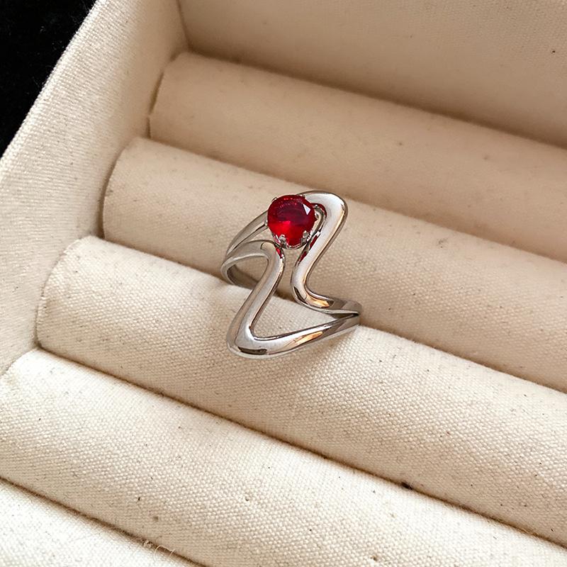 Red Zircon Smooth Heart-Shaped Open Ring Simple  Finger Rings Jewelry For Women