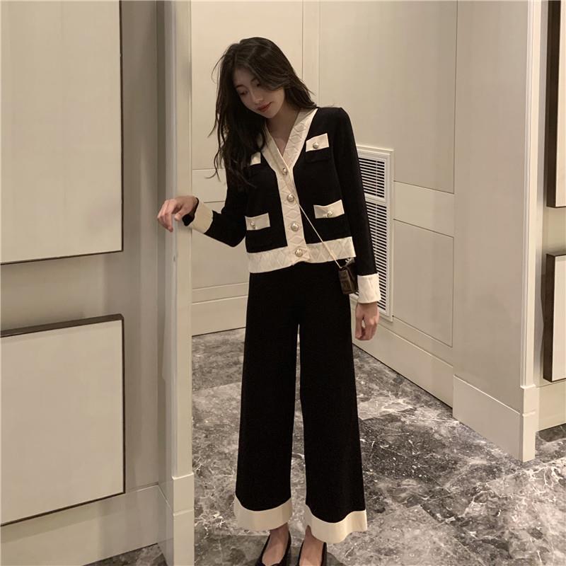 2024 Spring/Autumn Hepburn Style Women's Knit Cardigan & Wide-Leg Pants Set