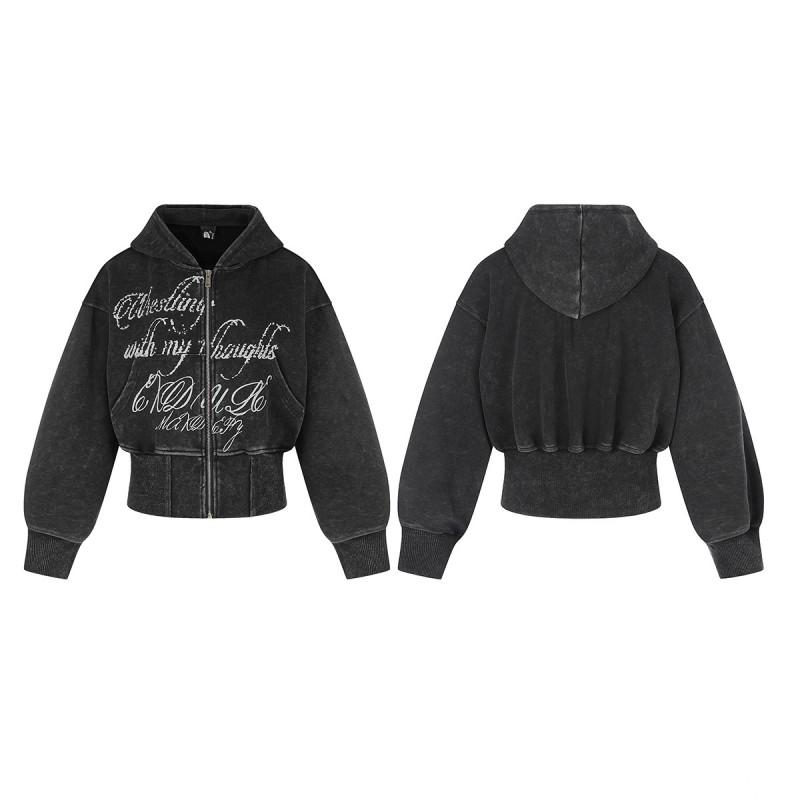 Heren Korte Cropped Hoodie met Rits Vintage Streetwear Katoenen Oversized Pullover