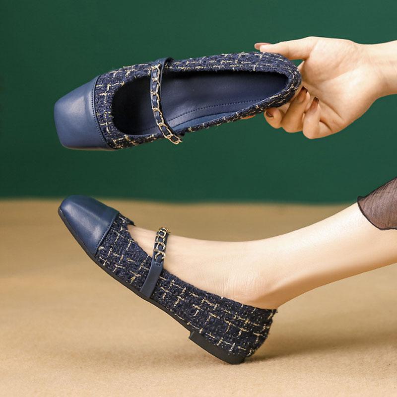 Women Mary Jane Shoes Elegant Tweed Chain Straps Flats French Square Toe Pumps Daily Soft Sole Slip-on Thin Shoes Casual Loafers