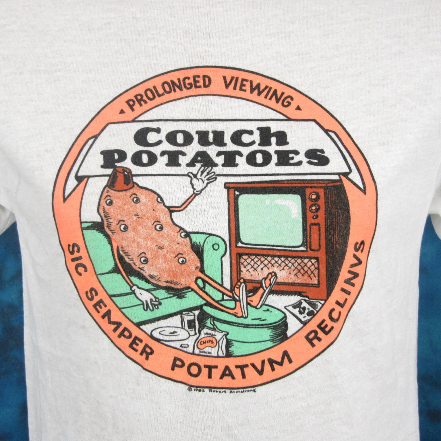 

vintage 80s COUCH POTATO CARTOON T-Shirt SMALL mickey rat robert armstrong NOS 2XL