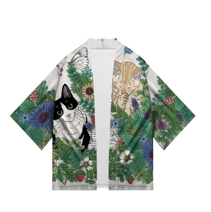 New Women's Cute Kitten Digital Print Summer Seven Sleeve Kimono Cardigan Japanese Kimono