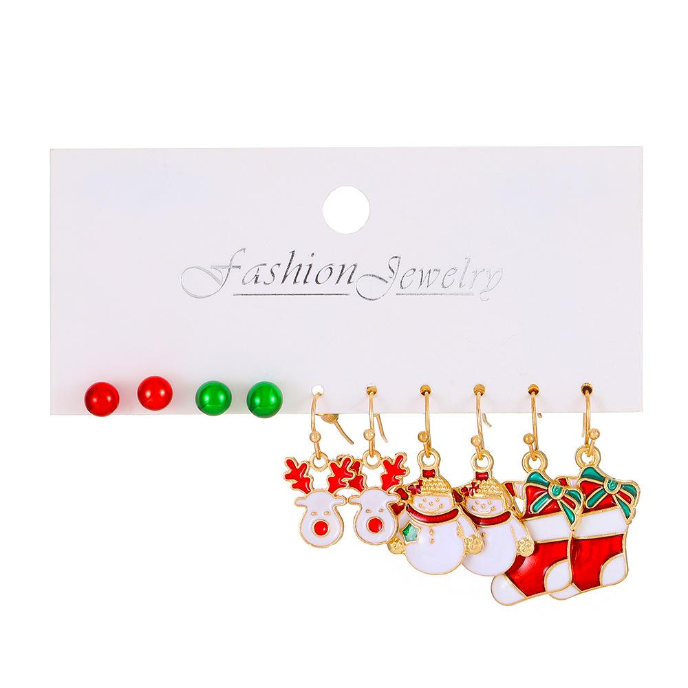 2026 fashion Christmas accessories 5 pairs of card earrings 2025 oil dripping red and green Christmas tree snowman earrings wholesale