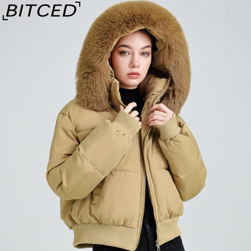 BITCED High-Waisted Oversized Fur-Trimmed Hooded Cropped Cotton Jacket for Women Autumn/Winter Down-Filled Cotton Jacket Slim-Fit Jacket Outerwear