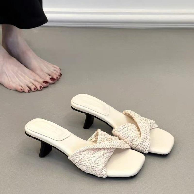Fashion Vintage Woven One-Line Slide Sandals for Women Summer Outside Open Toe Square Toe French Block Heel Sandals