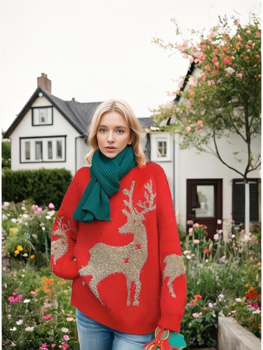 European and American Christmas Reindeer Red Knitted Pullover Sweater with Round Neck Medium