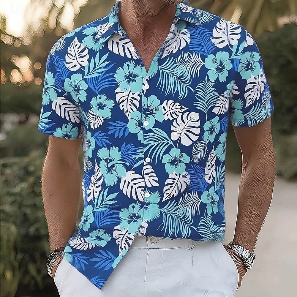 Men s Floral Print Tropical Flowers Palm Leaf Summer Hawaiian Shirt Aloha Shirt Short Sleeve Hawaiian Vacation Beach Wear Summer S