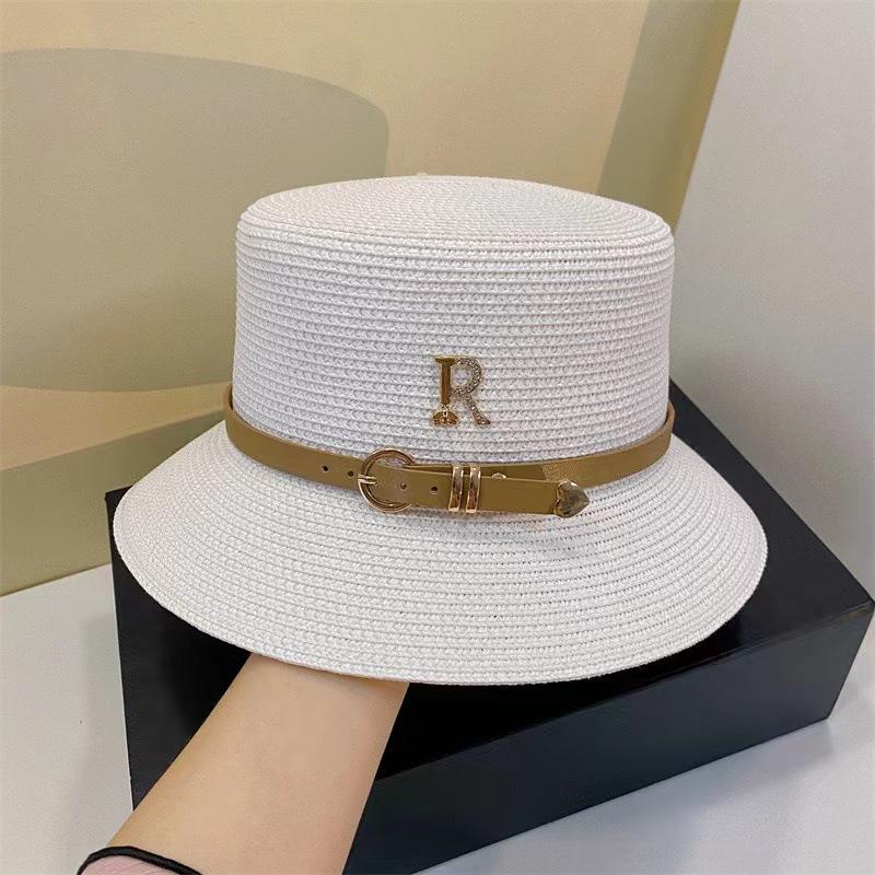Straw Hat Women's Summer Vacation Seaside Rhinestone Letter R Belt Personalized British Retro Flat-top Sunshade Hat