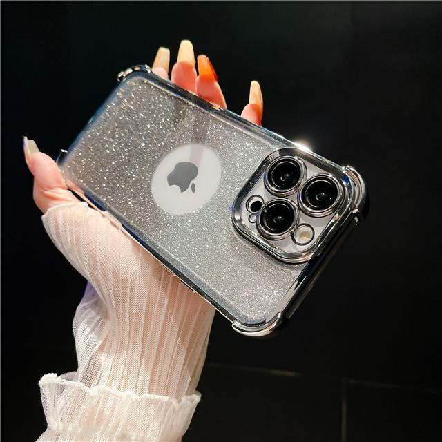 For iPhone 15 Pro Max Luxury Plating Frame Flash Glitter Phone Case For iPhone 11 12 13 14 15 16 Plus Lens Protective Cover