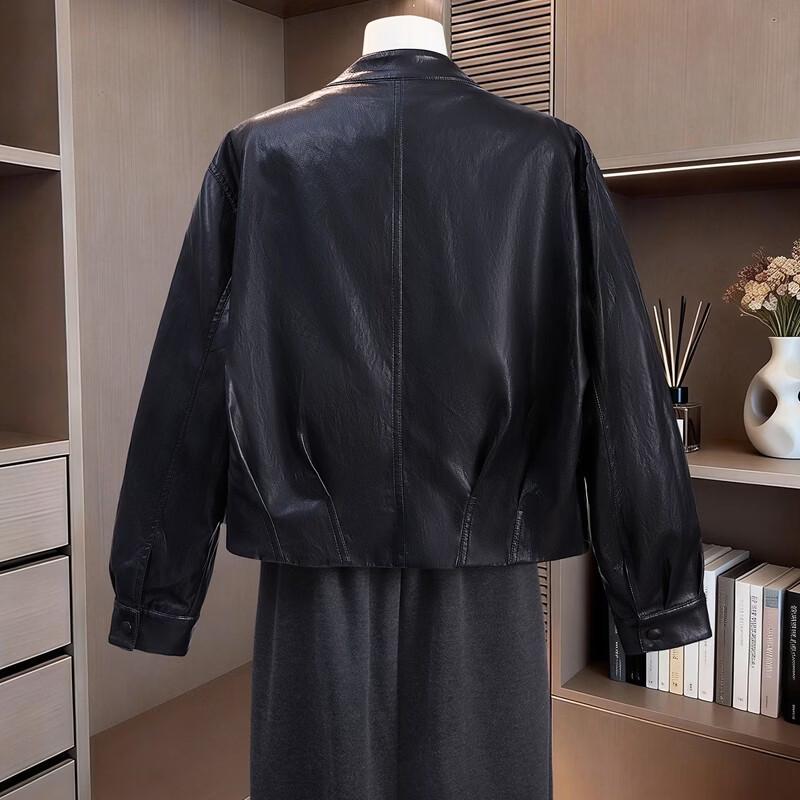 Women's Fashion Round Neck Short Faux Leather Jacket