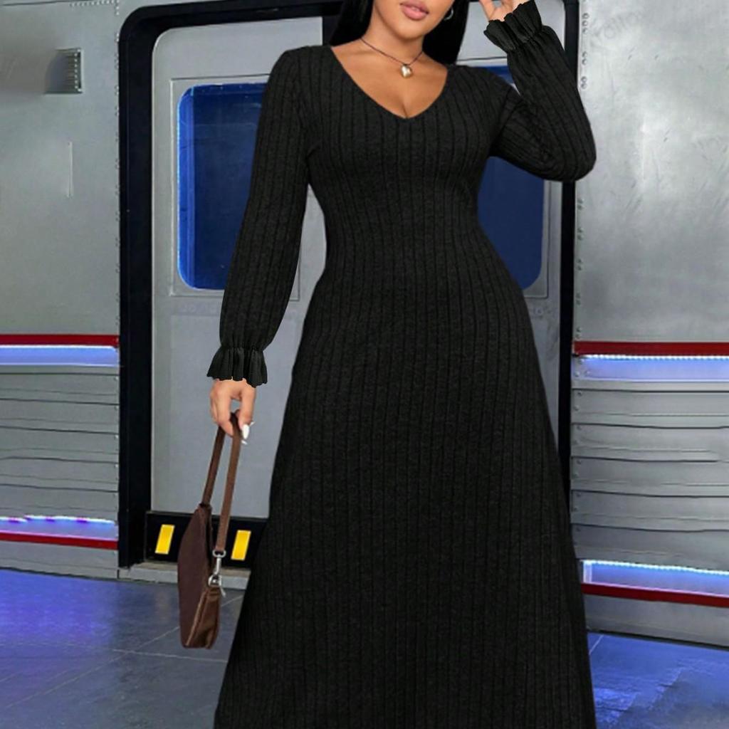 Dames Sexy Elegante Effen Jurk met Lange Mouwen - Grote Maten - Lente 2026 Collectie