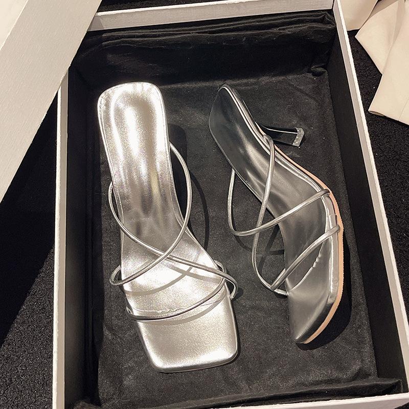 Silver stiletto high heels women's spring new versatile fashion outer wear open-toed niche sandals