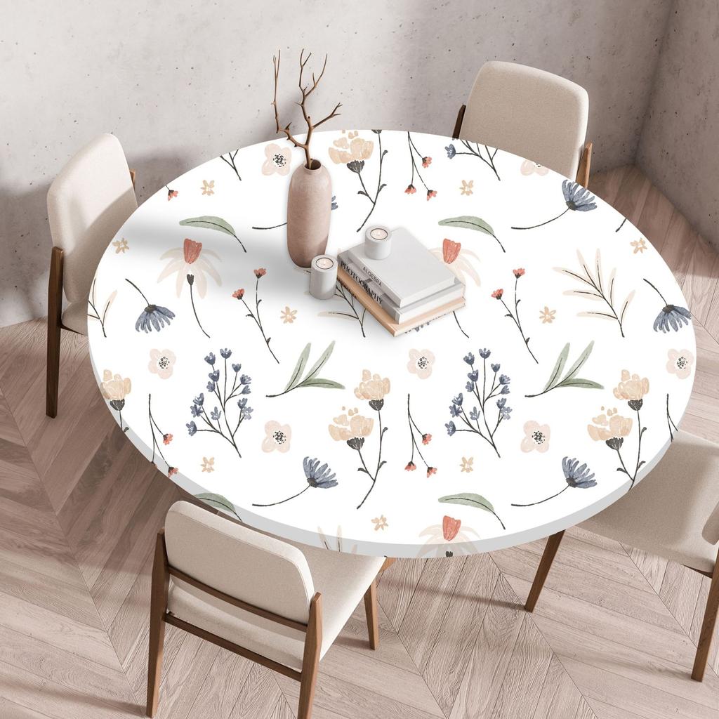 Plant Flower Patterns Round Tableclothes for Dining Table Fitted Table Protector Cover Elastic Edge Desk Decoration Waterproof