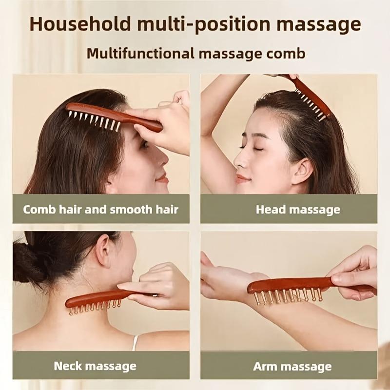 Wide Tooth Straight Massage Comb with Copper Teeth, Natural Golden Sandalwood Scalp Relaxation Comb, Practical Styling Comb