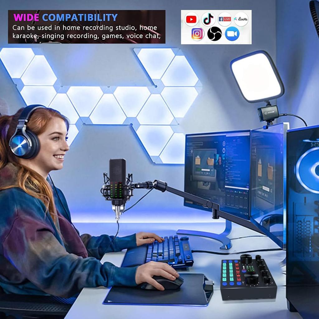 Home Karaoke Voice Sound Streaming Contunned V8 Sound Card with Condenser Mic PA Recording Digital Mixer for Live Streaming on and and Japanese