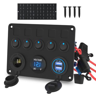 DaierTek 5-fach Boots-Schalterpanel Auto-Schalterpanel Taster Kippschalter Digitales Voltmeter 4,8A Dual-USB-Anschluss 12V für Auto LKW