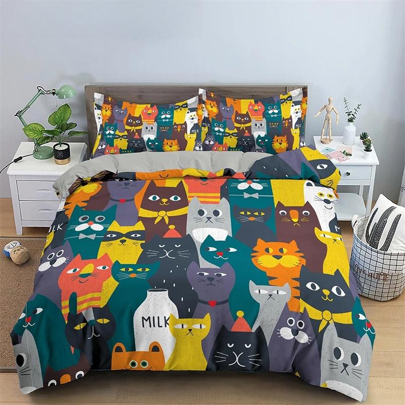 Copripiumino Re Regina Gatto Cartone Animato Colorato Adorabile Set Biancheria da Letto Animale Bambini Animale Domestico Gattino Copripiumino Morbido Poliestere Copripiumino