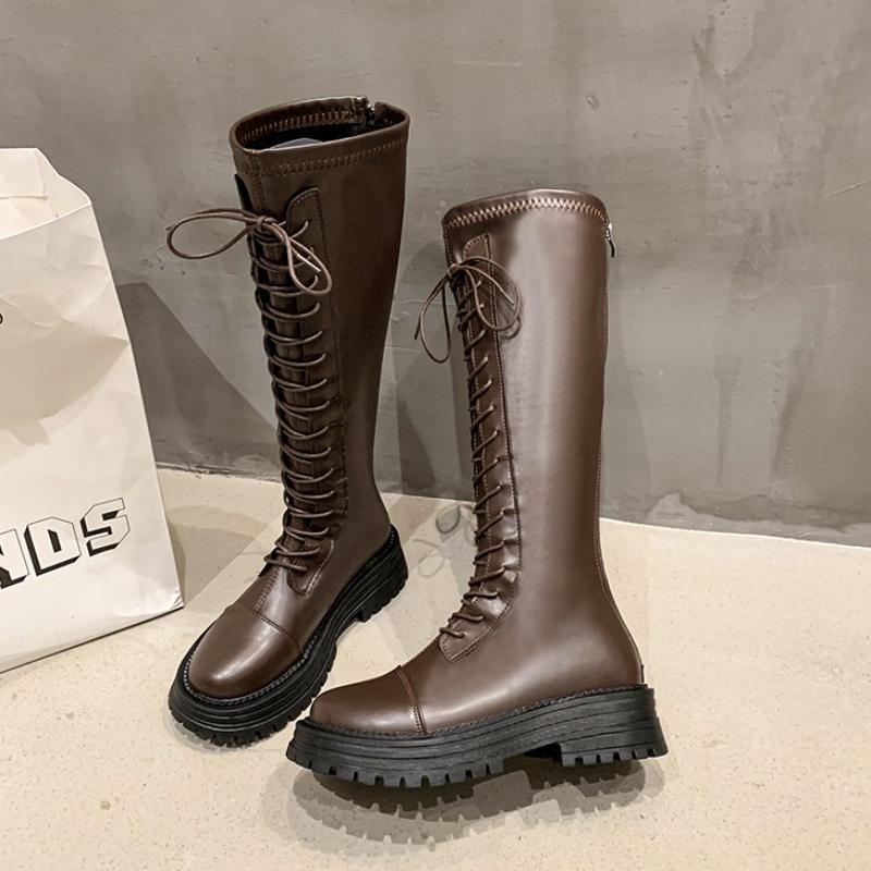 Fashion Women High Boots Flats Platform Leather Shoes Knee High Knight's Boots Fashion New Elegant 2025 Winter Lace Up Shoes Mujer Botas