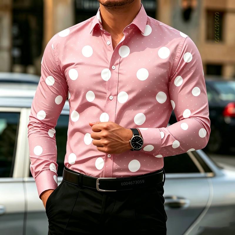Camicia da Uomo a Pois Manica Lunga, Camicia Business Casual Slim Fit, Top da Uomo Tendenza Moda Casual da Esterno
