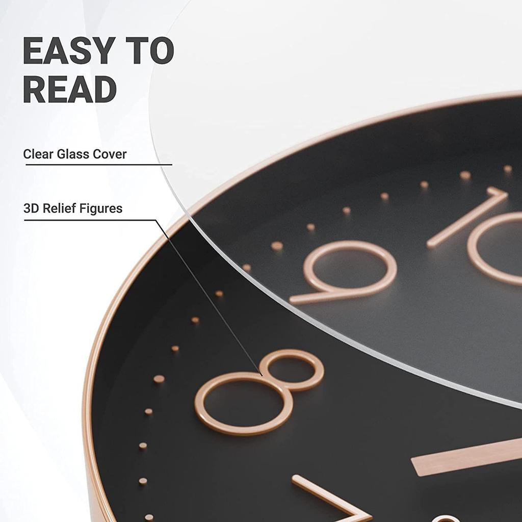 12 Inch Modern Plastic Stylish Non Ticking Silent Analog Wall Clock for Home, Living Room, Bedroom, Office, and Kitchen (Black & Rose Gold)
